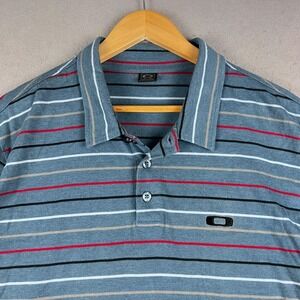 Vintage 00s Oakley Mens XL Polo Shirt Blue Striped Short Sleeve Golf Casual